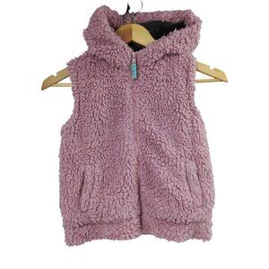 Mini Boden Teddy Bear Fleece Hooded Vest Size 5-6Y Pink Blue Stars Kids Faux Fur